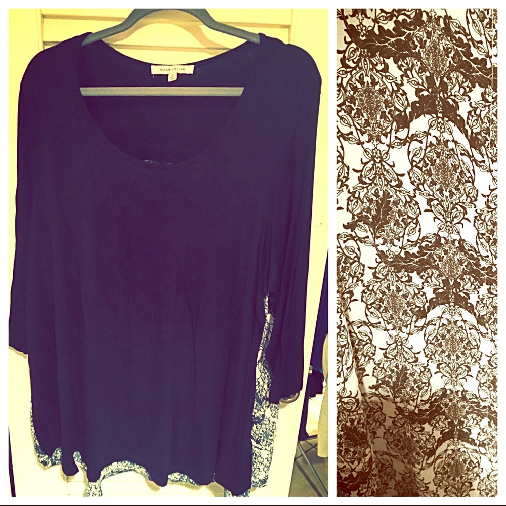Rose + Olive black & white 3/4 sleeve top
